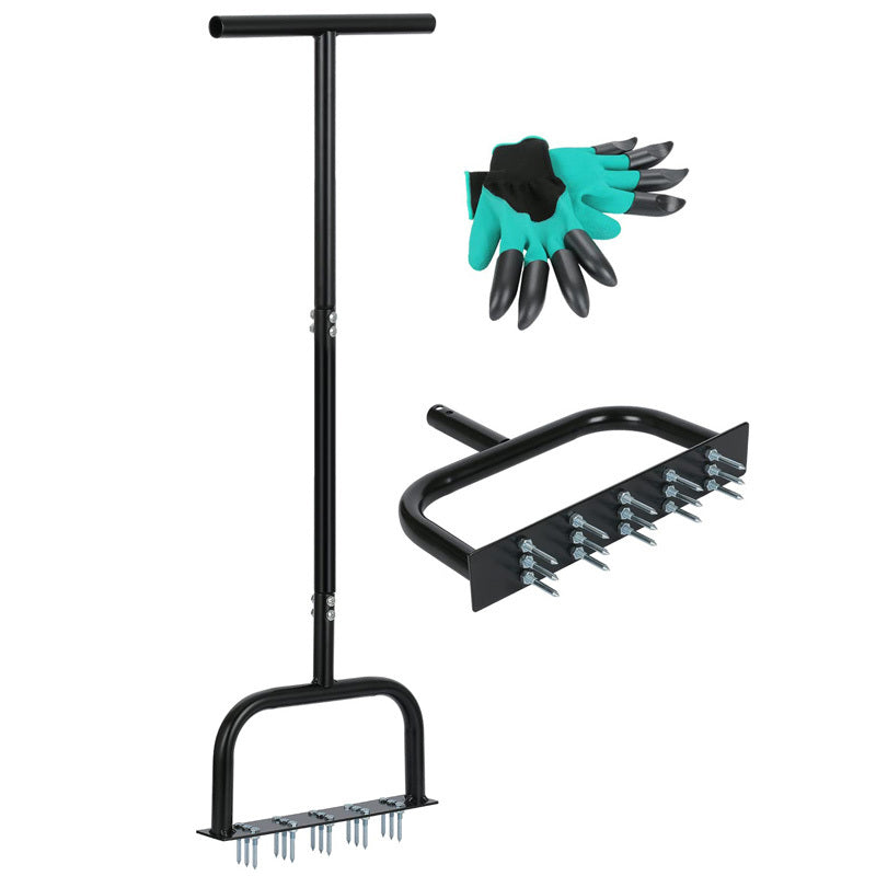 Manual Lawn Aerator Tool with Dethatching Rake