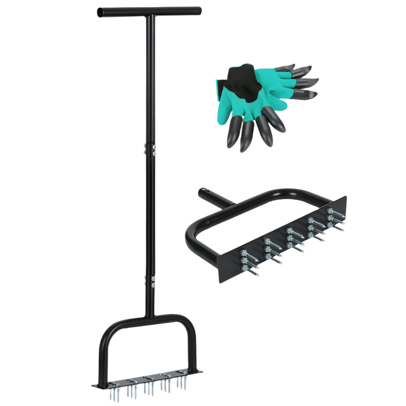 Manual Lawn Aerator Tool with Dethatching Rake