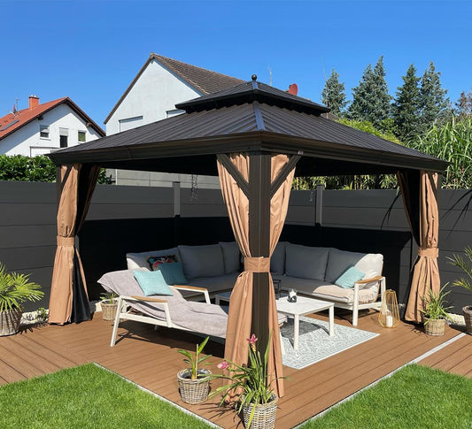 12' X 12' Outdoor Hardtop Gazebo Permanent outside Heavy Duty Sun Shade Deck Canopy for Patio All Weather Aluminum Metal Roof Backyard Pavilion with Netting and Curtains